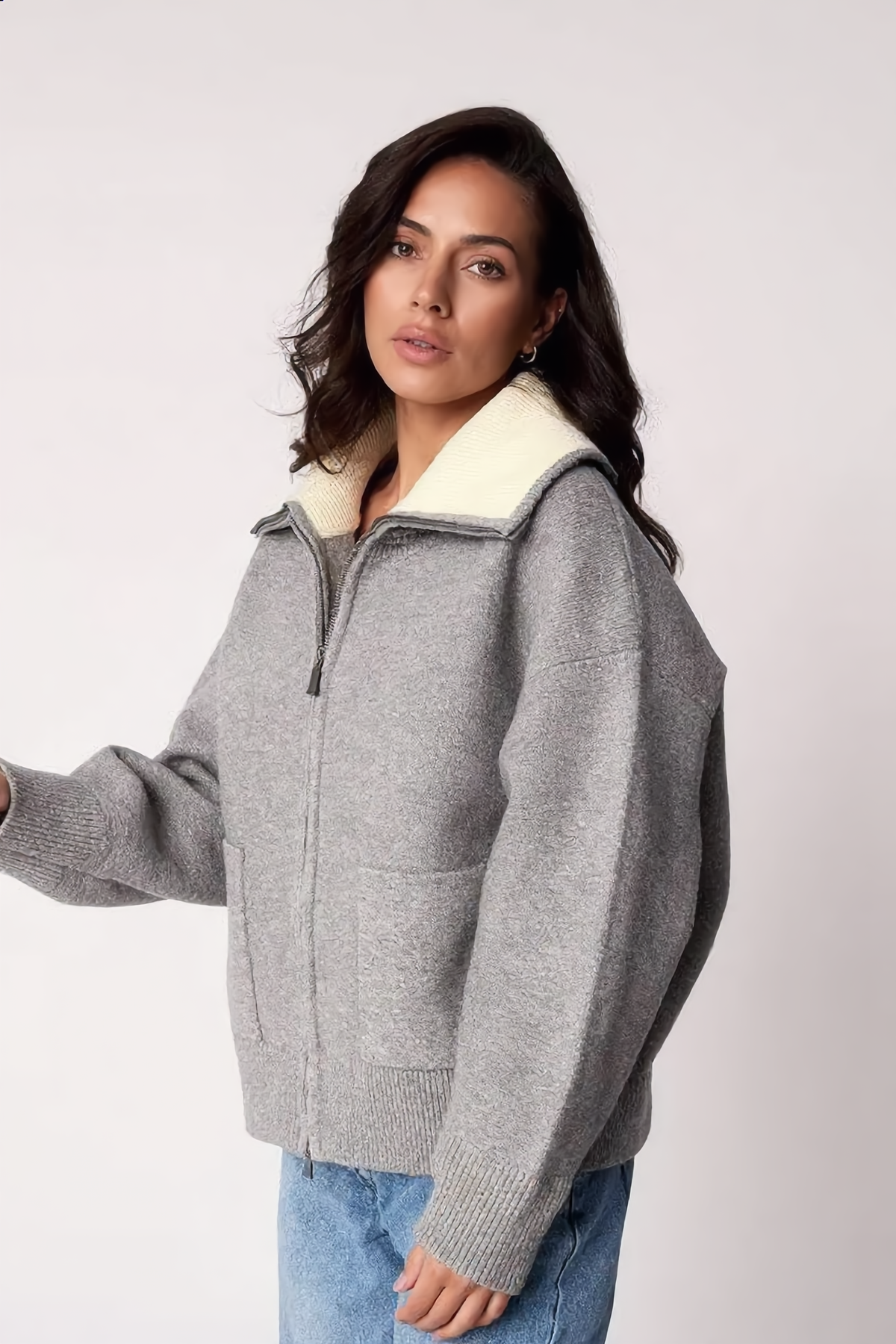 Veste HÉLOÏSE – HÉLOÏSE Knit Zip Jacket with Sherpa Collar