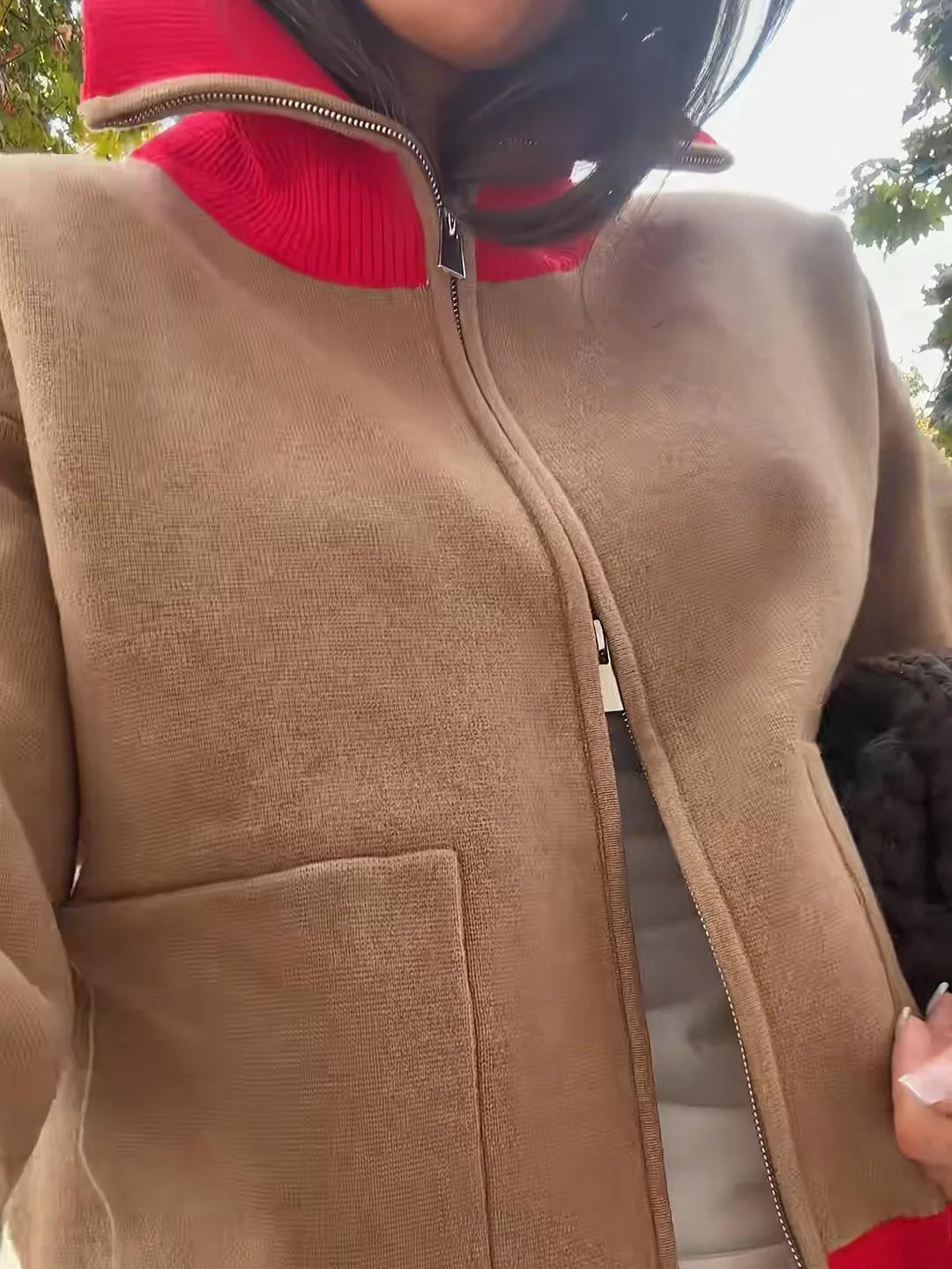 SALOMÉ Stand-Collar Knit Zip Cardigan