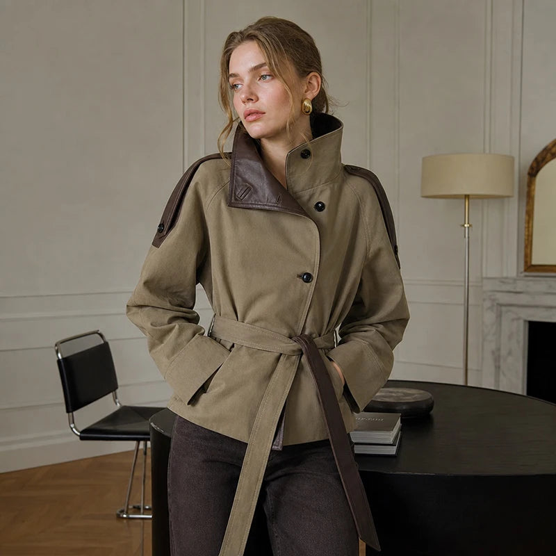 OLYMPE Cropped Belted Trench Jacket