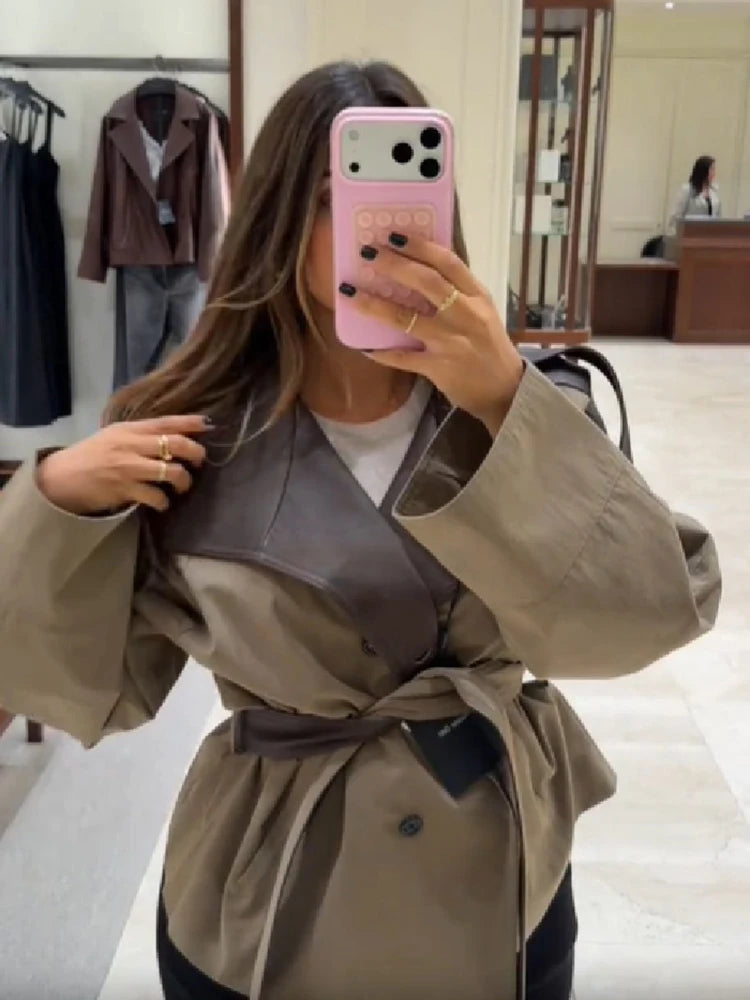 OLYMPE Cropped Belted Trench Jacket