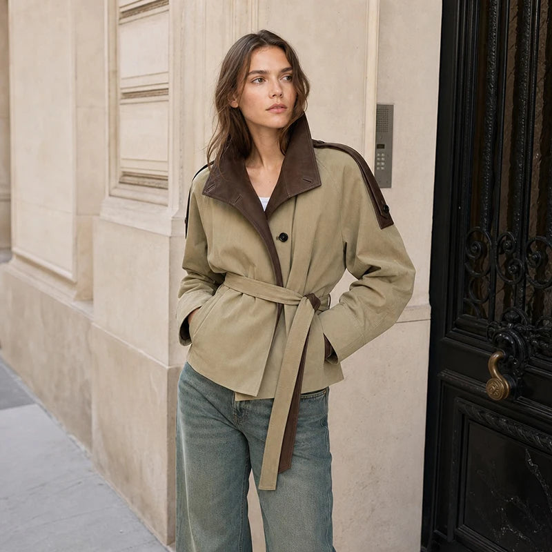 OLYMPE Cropped Belted Trench Jacket