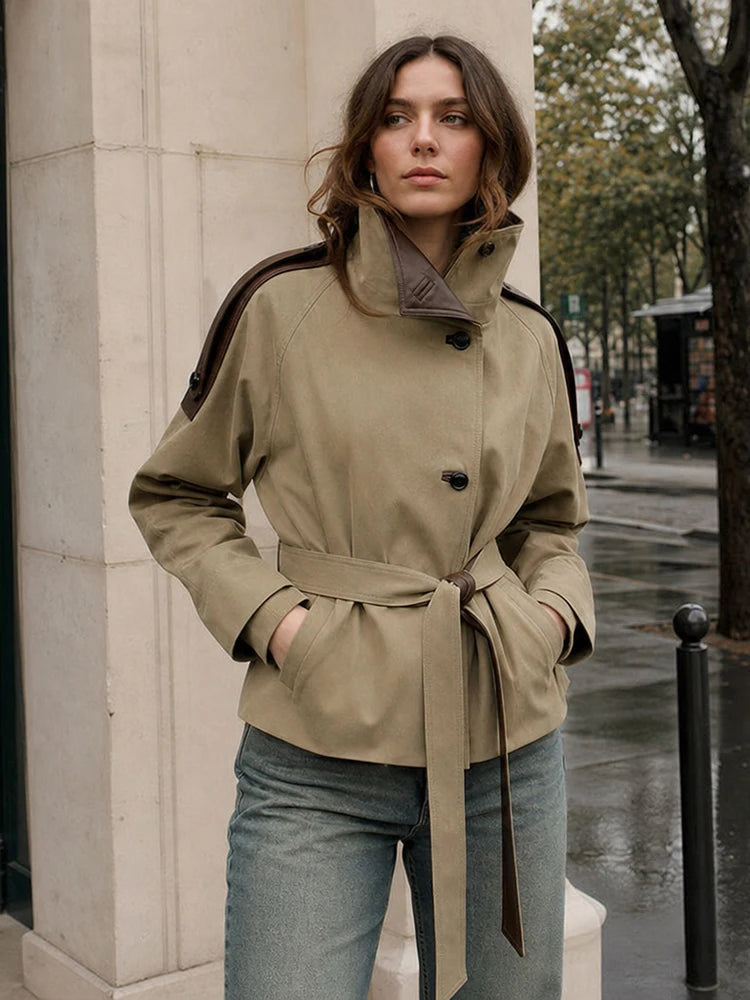 OLYMPE Cropped Belted Trench Jacket
