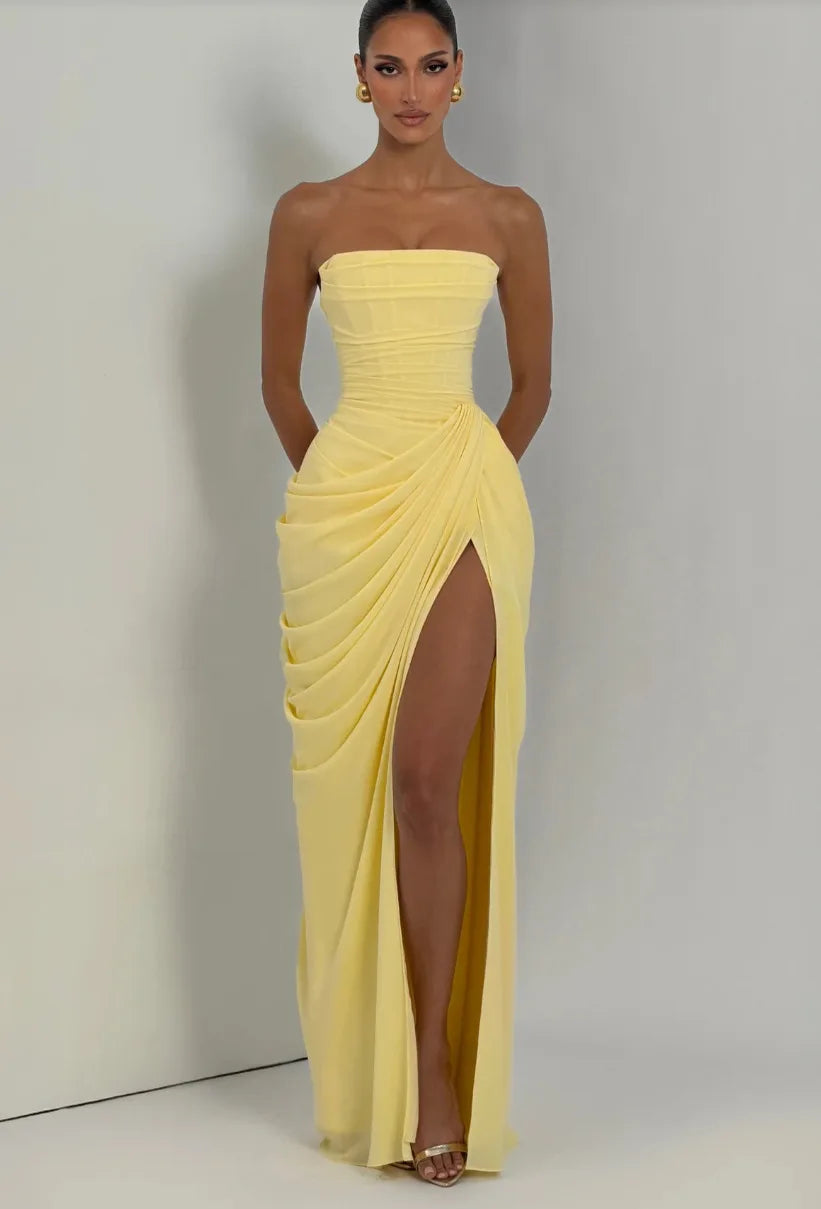 SOLÈNE Dress – Pleated Strapless Maxi