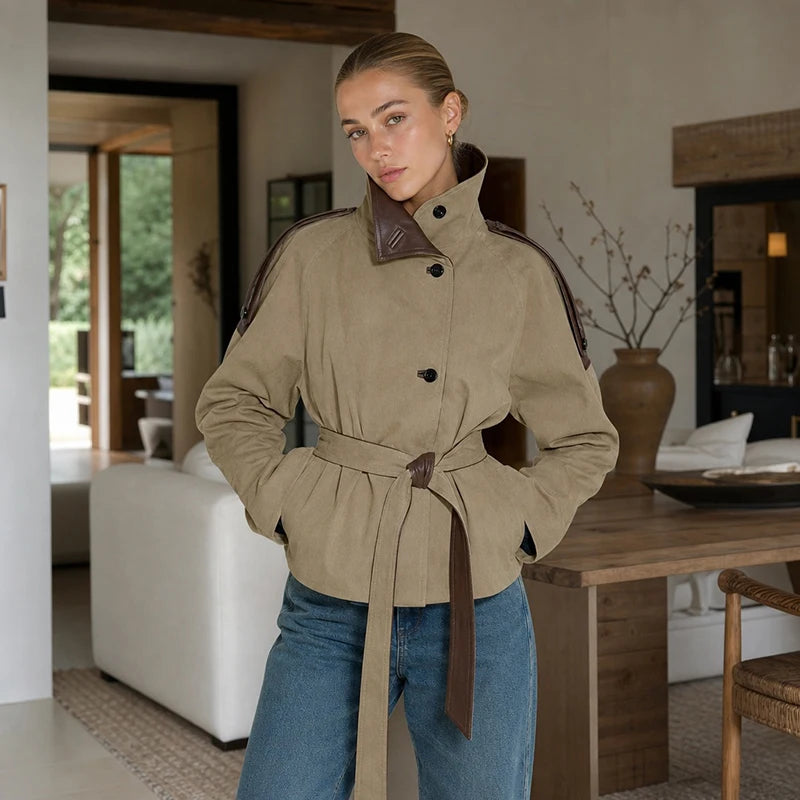 OLYMPE Cropped Belted Trench Jacket