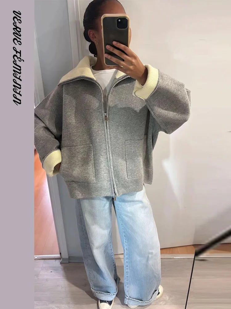 HÉLOÏSE Knit Zip Jacket with Sherpa Collar