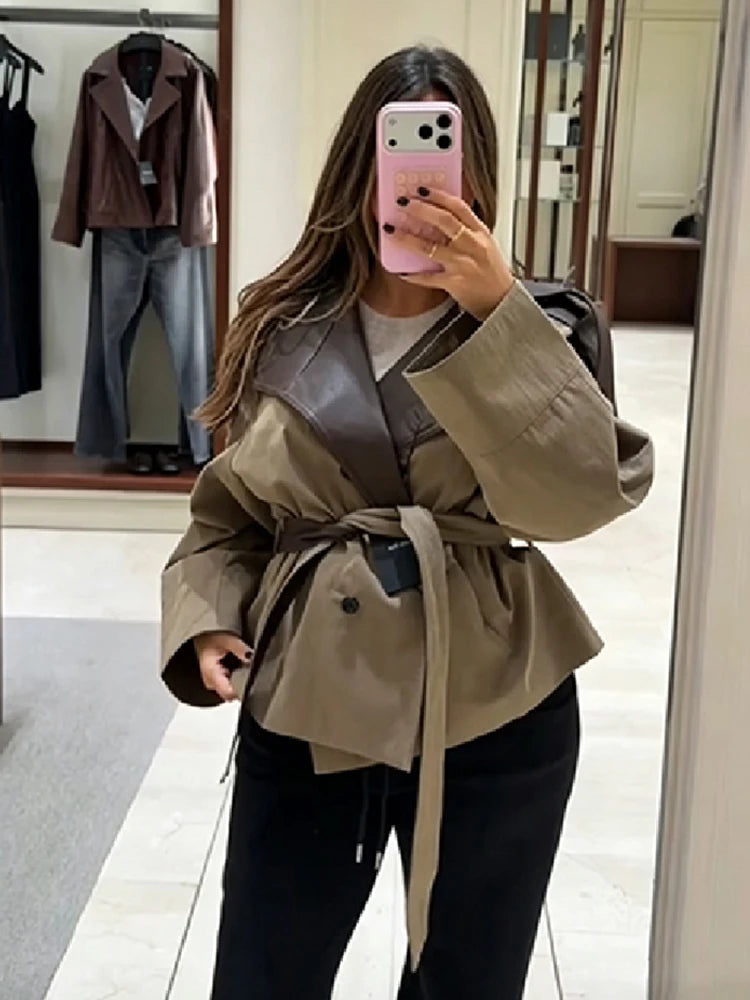 OLYMPE Cropped Belted Trench Jacket