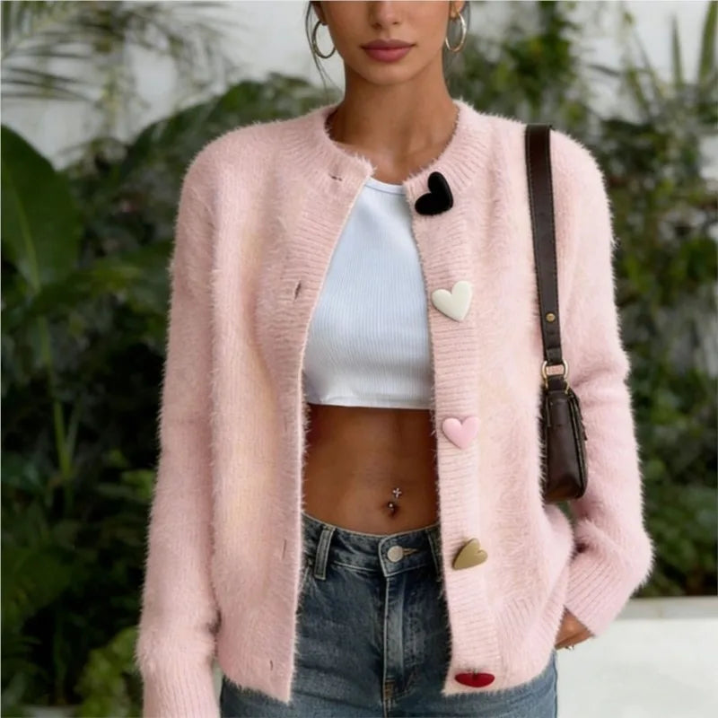 CLÉMENCE Cardigan – Fluffy Knit Heart Buttons