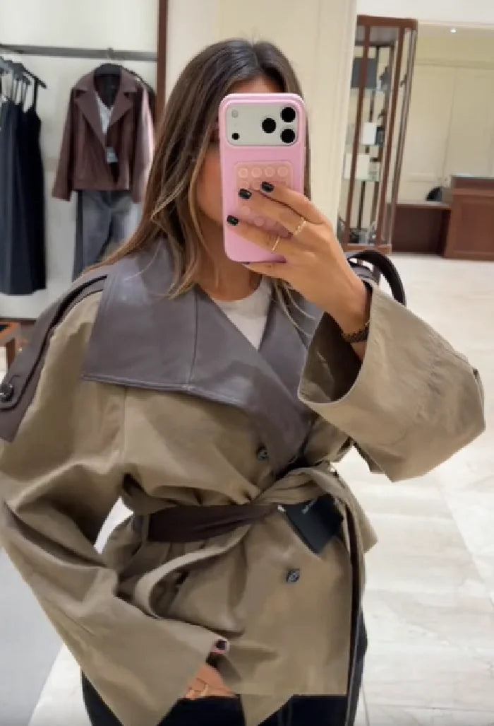 OLYMPE Cropped Belted Trench Jacket