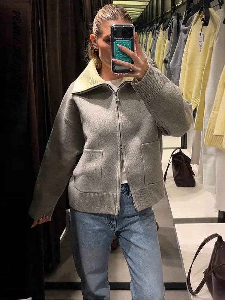 HÉLOÏSE Knit Zip Jacket with Sherpa Collar